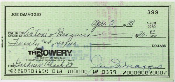 Joe DiMaggio Signed Bank Check (JSA)