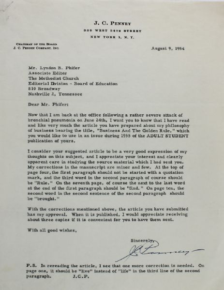 J.C. Penney Rare & Desirable Signed Letter Referring to "The Golden Rule" (PSA/DNA)