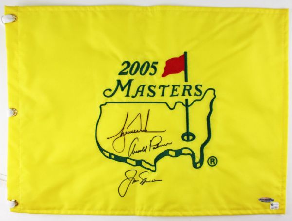 Tiger Woods, Arnold Palmer & Jack Nicklaus Signed 2005 Masters Pin Flag! (JSA + UDA)