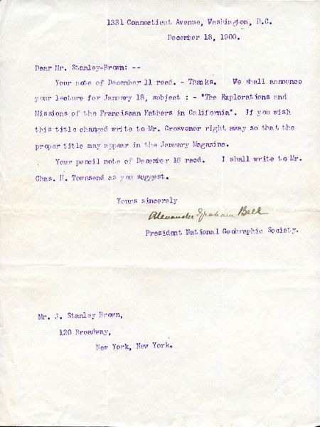 Alexander Graham Bell Typed Letter Signed as President of National Geographic Society (c.1900)(PSA/DNA)
