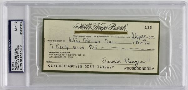 Ronald Reagan Scarce Signed Bank Check (Post Alzheimers Announcement) - One of His Last Checks - PSA/DNA Encapsulated & Graded MINT 9!