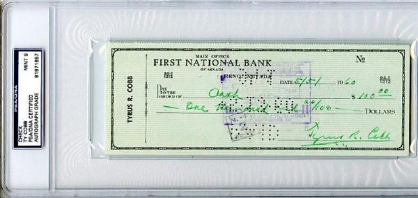 Ty Cobb Handwritten & Signed Bank Check - PSA/DNA Encapsulated & Graded MINT 9