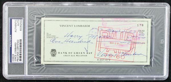 Vince Lombardi Signed Encapsulated Bank Check (PSA/DNA)