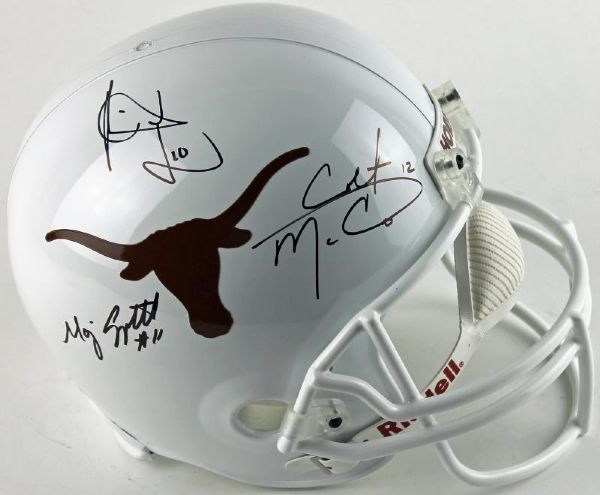 Vince Young, Colt McCoy & Major Applewhite Signed Full Size Texas Replica Helmet (PSA/DNA & JSA)