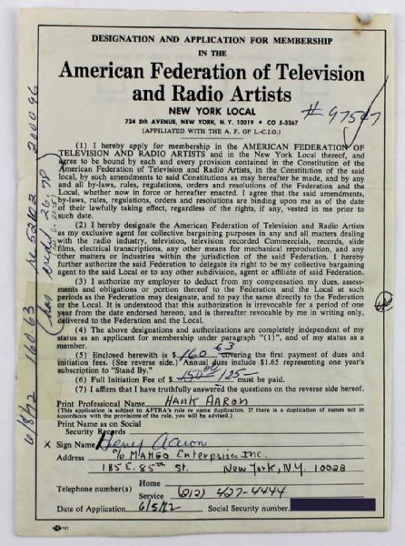 Hank Aaron Signed 1972 AFTRA Application with Rare "Henry Aaron" Signature (PSA/DNA)