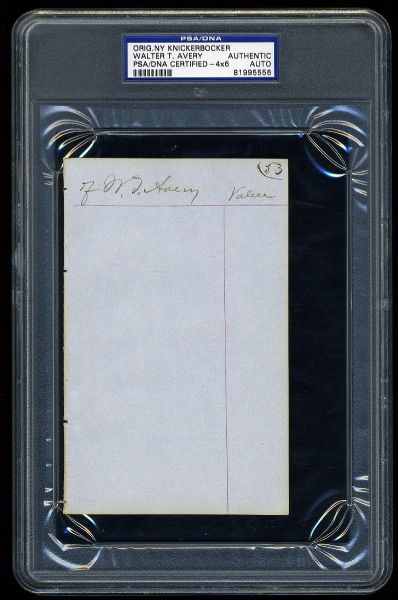 Walter T. Avery Signed 4" x 6" Ledger Page (Played in First Ever Baseball Game) (PSA/DNA)