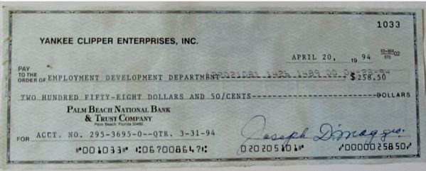 Joe DiMaggio Signed Yankee Clipper Business Bank Check (JSA)
