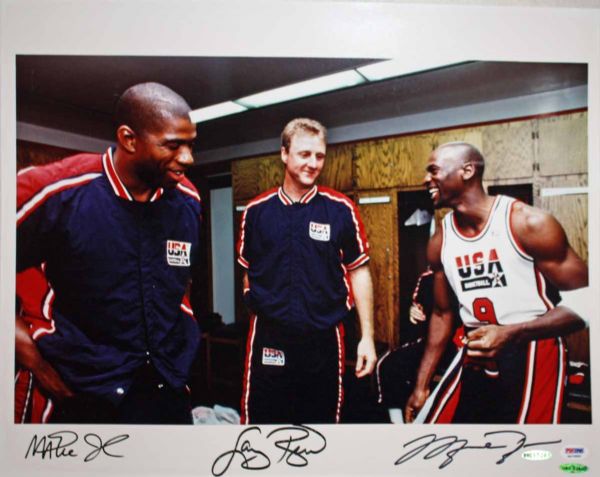 Michael Jordan, Larry Bird & Magic Johnson Signed 16" x 20" "Dream Team" Color Photo (UDA & PSA/DNA)
