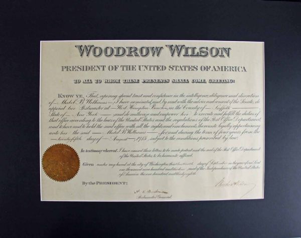 President Woodrow Wilson Signed Postmaster Appointment (1913)(PSA/DNA)