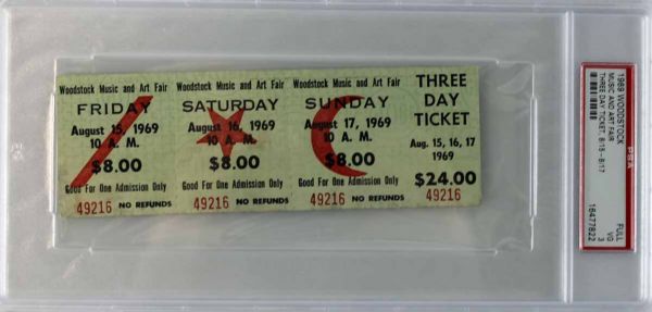 Woodstock: Lot of Three (3) Tickets to the Original Event Inc. 3-Day, Sat & Sunday Tickets (PSA Encapsulated)