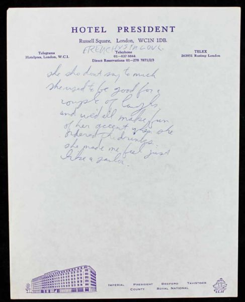 Tom Waits Rare Handwritten Unpublished Song Lyrics on President Hotel Stationary (Epperson/REAL)