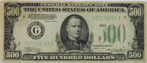 1934 Series A $500 Bill (Chicago, Fine to Very Fine)