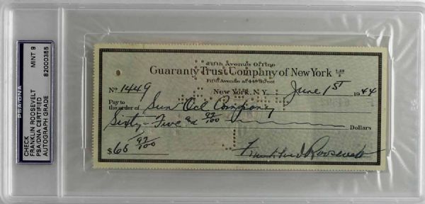 President Franklin D. Roosevelt Signed Bank Check as President PSA/DNA Graded MINT 9