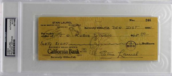 Stan Laurel Handwritten & Signed Bank Check (1931)(PSA/DNA Enapsulated)