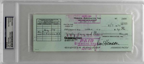 Jim Henson (Muppets) Rare Signed Business Bank Check (1974)(PSA/DNA Encapsulated)