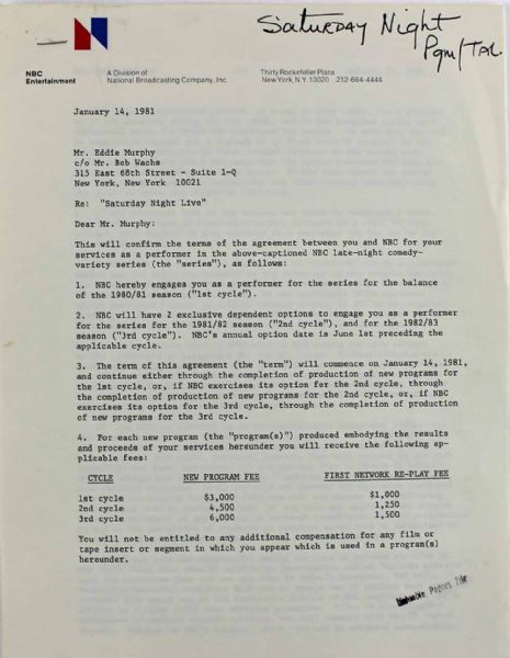 Eddie Murphy Signed Amendment Agreement for "Saturday Night Live" (1981)(PSA/DNA)