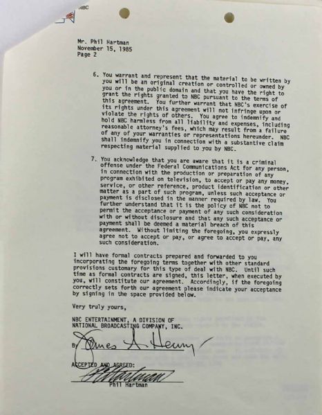 Phil Hartman Signed Performers Agreement for "Saturday Night Live" (1985)(PSA/DNA)