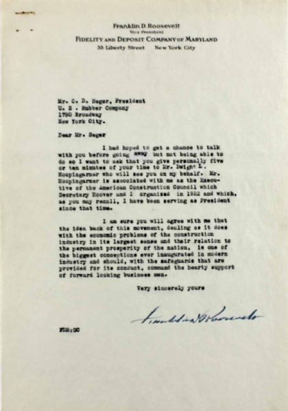 Franklin D. Roosevelt Typed Letter Signed as VP of Fidelity Company of Maryland (JSA)