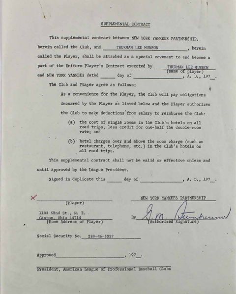 George Steinbrenner Rare Signed 1970s Supplemental Contract for Thurman Munson! (PSA/DNA)