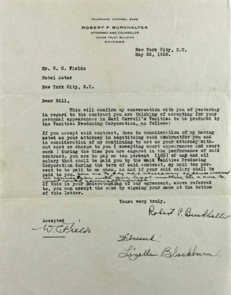 W.C. Fields Signed One Page Basic Representation Agreement (1928)(PSA/DNA)