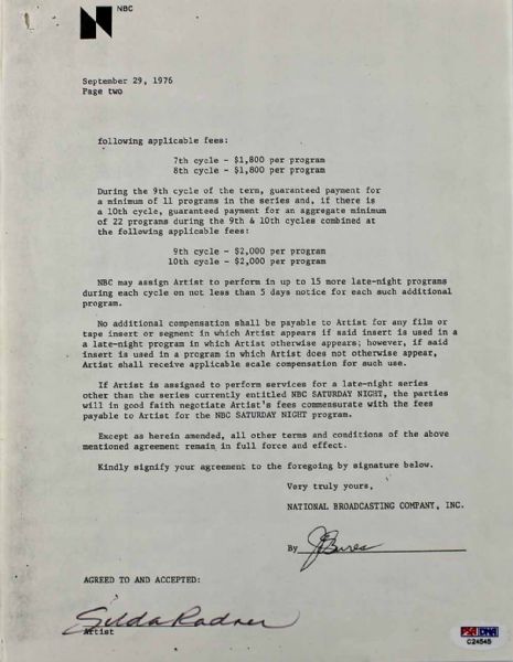 Gilda Radner Rare Amendment Agreement for "Saturday Night Live" (1976)(PSA/DNA)