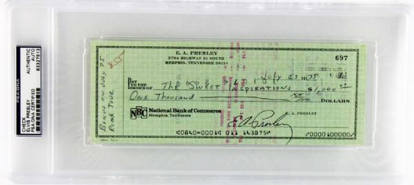 Elvis Presley Handwritten & Signed Bonus Check for The Sweet Inspirations (1975)(PSA/DNA Encapsulated)