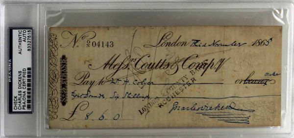 Charles Dickens Handwritten & Signed Bank Check (1865)(PSA/DNA Encapsulated)