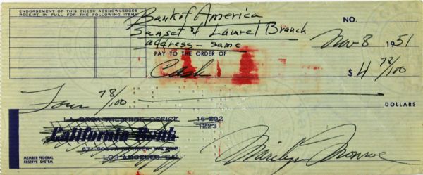 Marilyn Monroe Scarce Handwritten & Signed Early Bank Check (1951)(PSA/DNA)