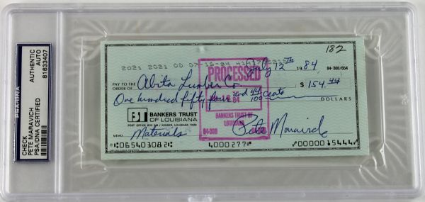 Pete Maravich Handwritten & Signed Personal Bank Check (1984)(PSA/DNA Encapsulated)