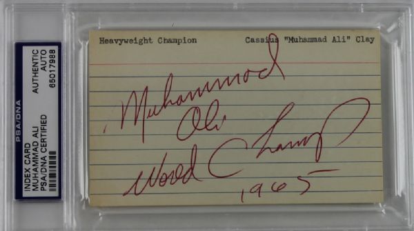 Muhammad Ali Signed Vintage 3" x 5" Card with "World Champ 1965" Inscription (PSA/DNA Encapsulated)