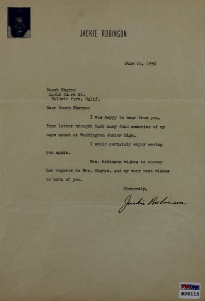 Jackie Robinson Signed Typed Letter to Jr. High School Baseball Coach on Personal Letterhead (PSA/DNA & Family LOA)