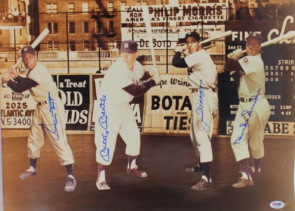 Mantle, DiMaggio, Mays & Snider Rare Signed 16" x 20" Color Photo (PSA/DNA)