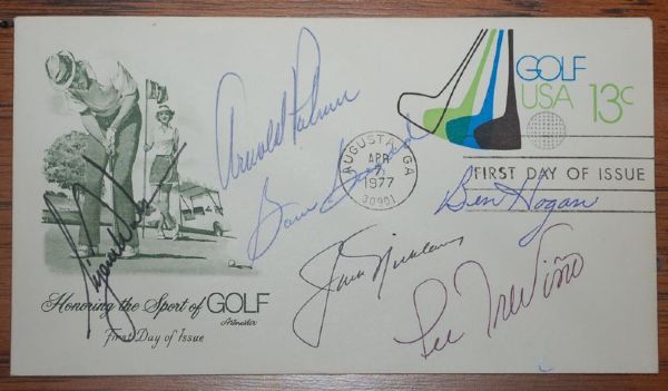 Golf Greats Signed 1977 Golf FDC with Tiger, Hogan, Snead, Nicklaus, Palmer & Trevino (Green Jacket)