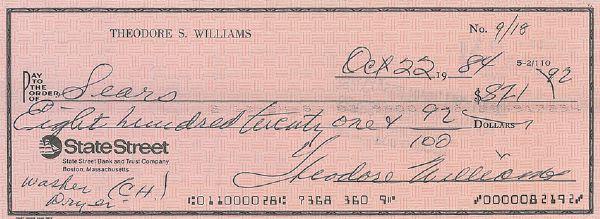 Ted Williams Handwritten & Signed Personal Bank Check (1984)(PSA/DNA)