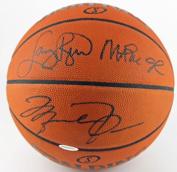 Michael Jordan, Larry Bird & Magic Johnson Signed "NBA Legends" Spalding NBA Game Model Leather Basketball (UDA, PSA/DNA, JSA & Bird Hologram)