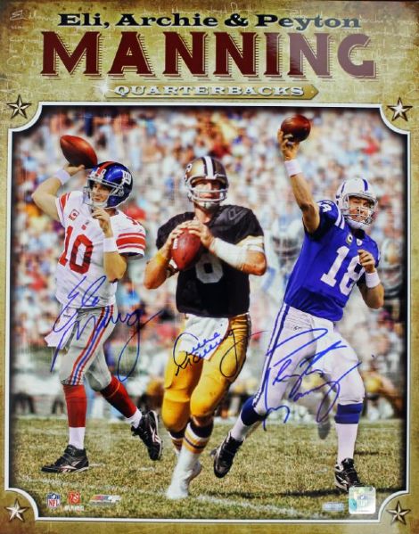 The Mannings: Archie, Peyton & Eli Triple Signed 16" x 20" Color Photo (Steiner)