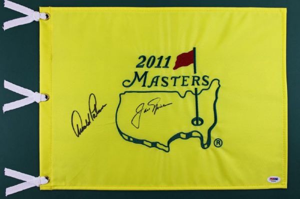 Arnold Palmer & Jack Nicklaus Dual Signed 2011 Masters Souvenir Pin Flag (PSA/DNA)