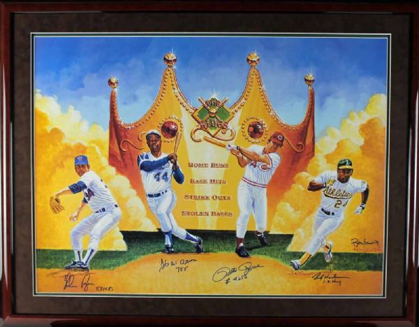 "The Kings" Ron Lewis Signed 27x36 Litho in Framed Display w/Aaron, Ryan, Rose & Henderson (PSA/DNA)