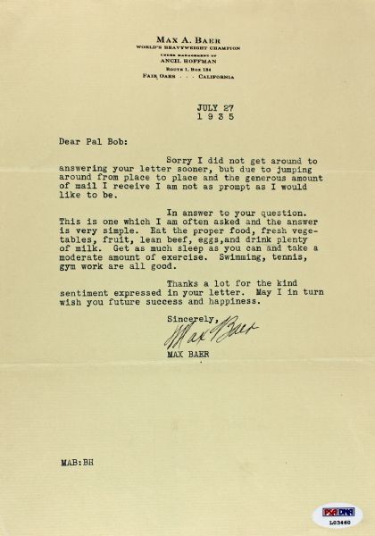 Max Baer Typed Signed Personal Letter w/Workout Tips (PSA/DNA)