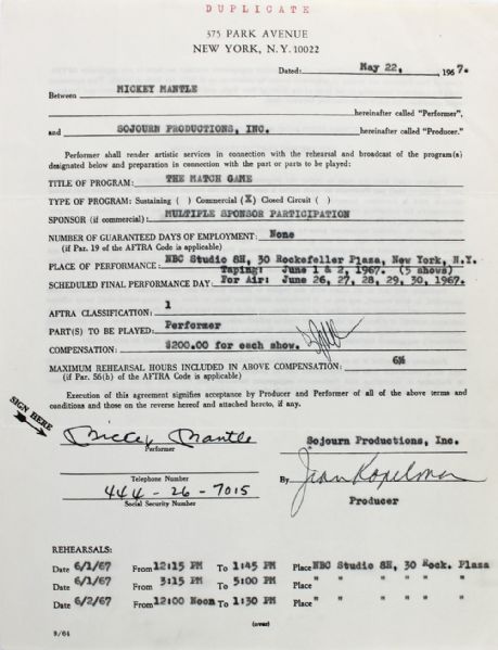 Mickey Mantle Rare Signed 1967 TV Appearance Agreement for NBCs "The Match Game" (PSA/DNA)