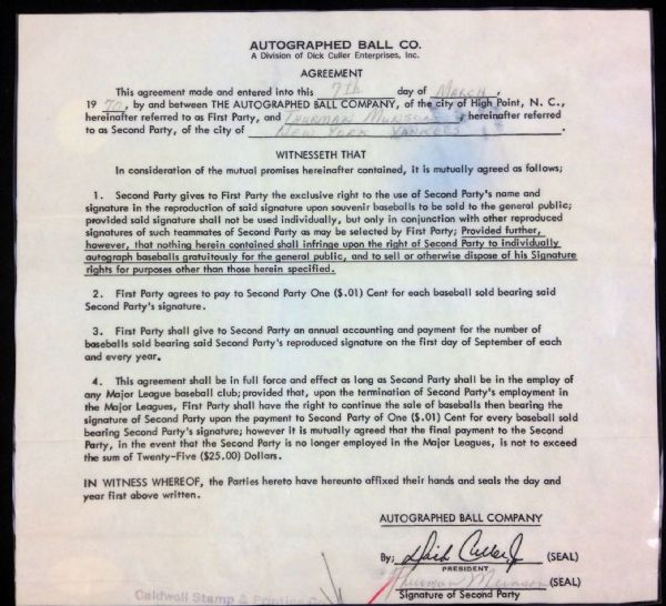Thurman Munson Signed One-Page Licensing Agreement (PSA/DNA)