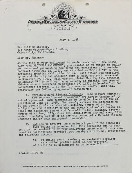 William Shatner Vintage Signed MGM Amendment Agreement for 1st Major Film Role: "The Brothers Karamazov" (c.1958)(PSA/DNA)