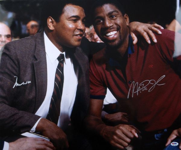 Muhammad Ali & Magic Johnson Dual Signed 20" x 24" Color Photograph (PSA/DNA)