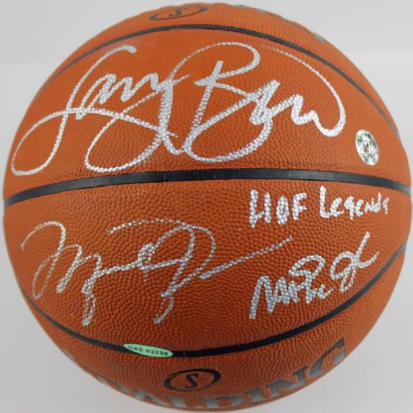 Michael Jordan, Larry Bird & Magic Johnson Signed "NBA Legends" Spalding NBA Game Model Leather Basketball (UDA, PSA/DNA & Bird Holo)