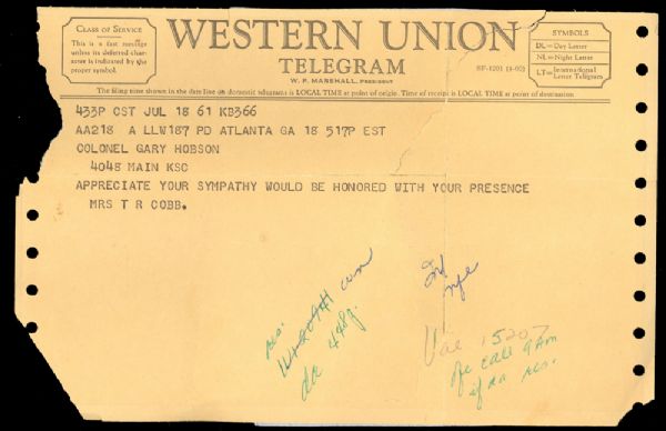 (Ty Cobb) Western Union Telegram from Mrs. Ty Cobb RE: Cobb Funeral