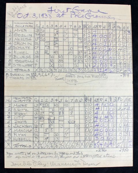 1933 Senators Vs. Giants Original World Series Scorecards (Game 1-5)