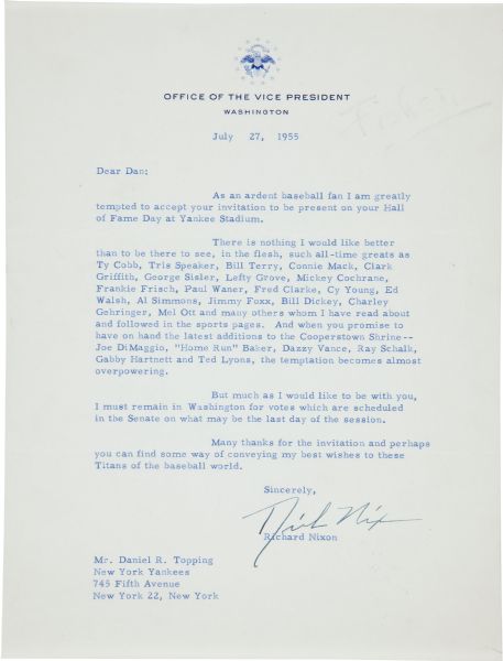Richard Nixon Signed Letter as Vice President with Phenomenal Baseball Content Send to Yankees President Dan Topping (1955)(JSA)