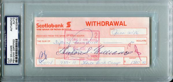 Ted Williams Signed Bank Receipt (PSA/DNA Encapsulated) 