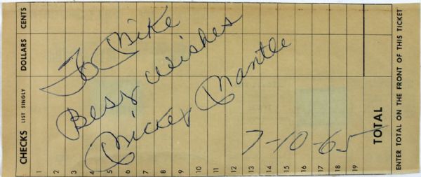 Vintage Mickey Mantle Signed Bank Deposit Slip "To Mike Best Wishes"