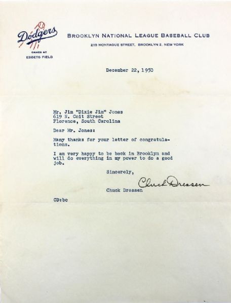 Chuck Dressen Signed Letter on Brooklyn Dodgers letterhead (PSA/DNA)
